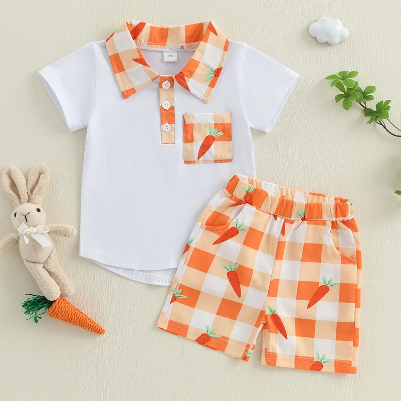 Boys Stylish Plaid Outfit Set with Short Sleeve Lapel Neck Half Button-up Top and Elastic Waistband Shorts for Summer