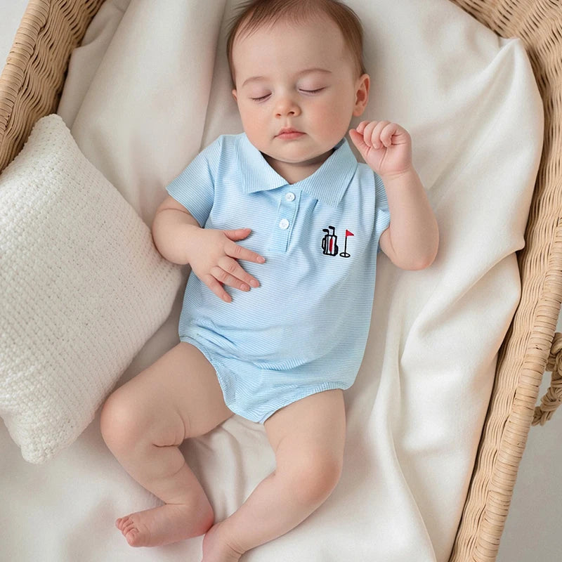 Infant Boy Jumpsuit Stylish Short Sleeve Striped Romper with Turn-down Collar and Embroidery Detail for Everyday Wear