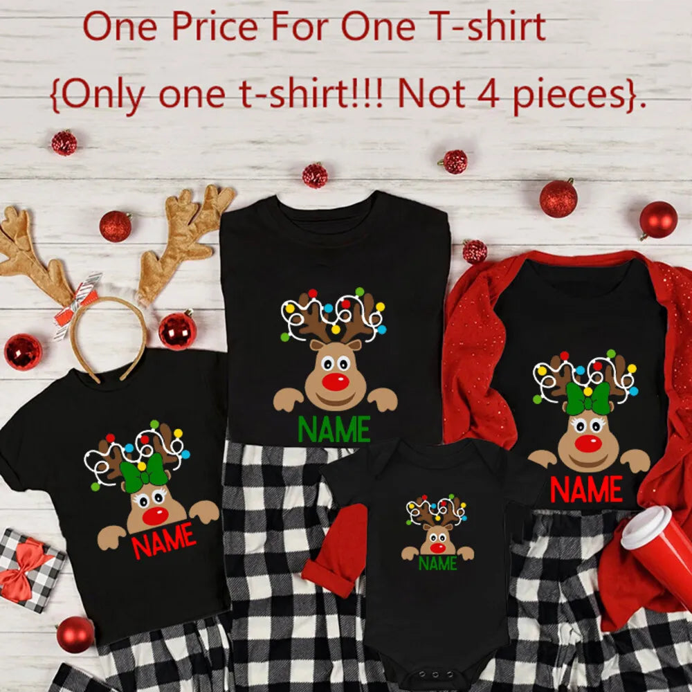 Reindeer Family Christmas Shirt Personalized Christmas Family Shirts Custom Dad Mom Kid & Baby Name Tee Xmas Gift Clothes