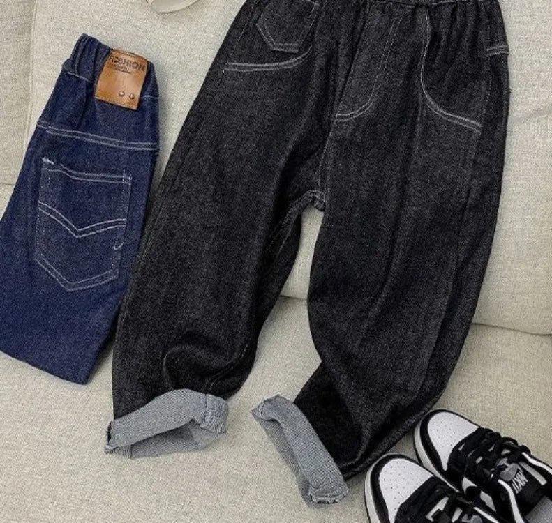 2025 New Boys' Fleece-Lined Jeans for Big Kids - Spring Autumn Autumn Long Pants Kids' Clothing