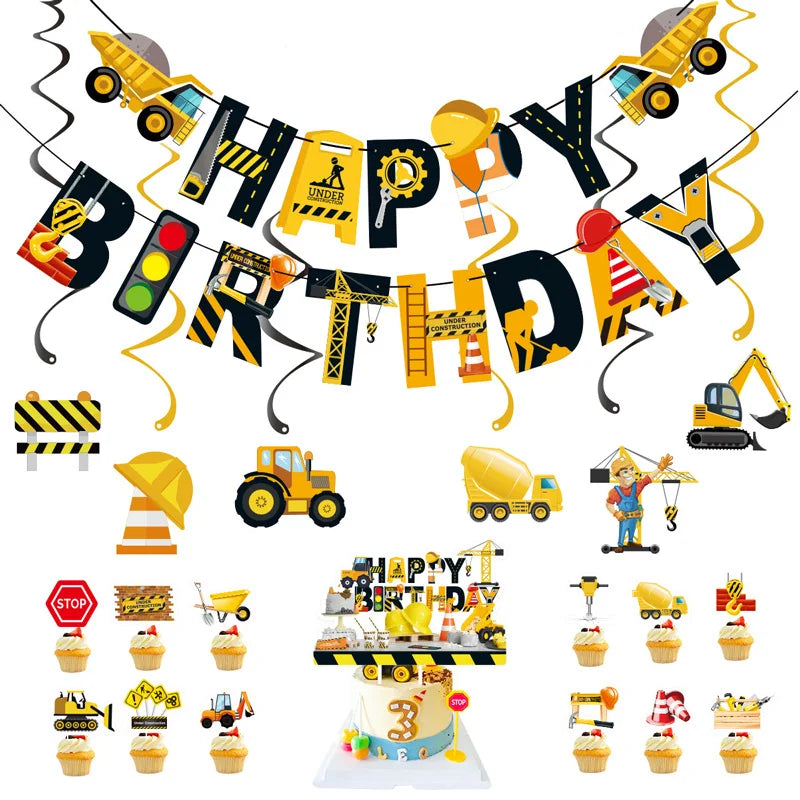 Happy Birthday Banner Construction Party Decorations Supplies for Boy Construction Birthday Banner Excavator Dump Truck Tractor