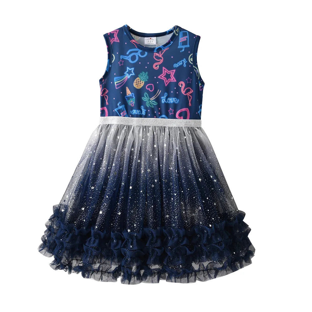 Toddlers Sleeveless Polyester Dress Kids Stars Flamingo Pineapple Print Dress Kids Starry Gradient Tulle Mesh Elegant Dress