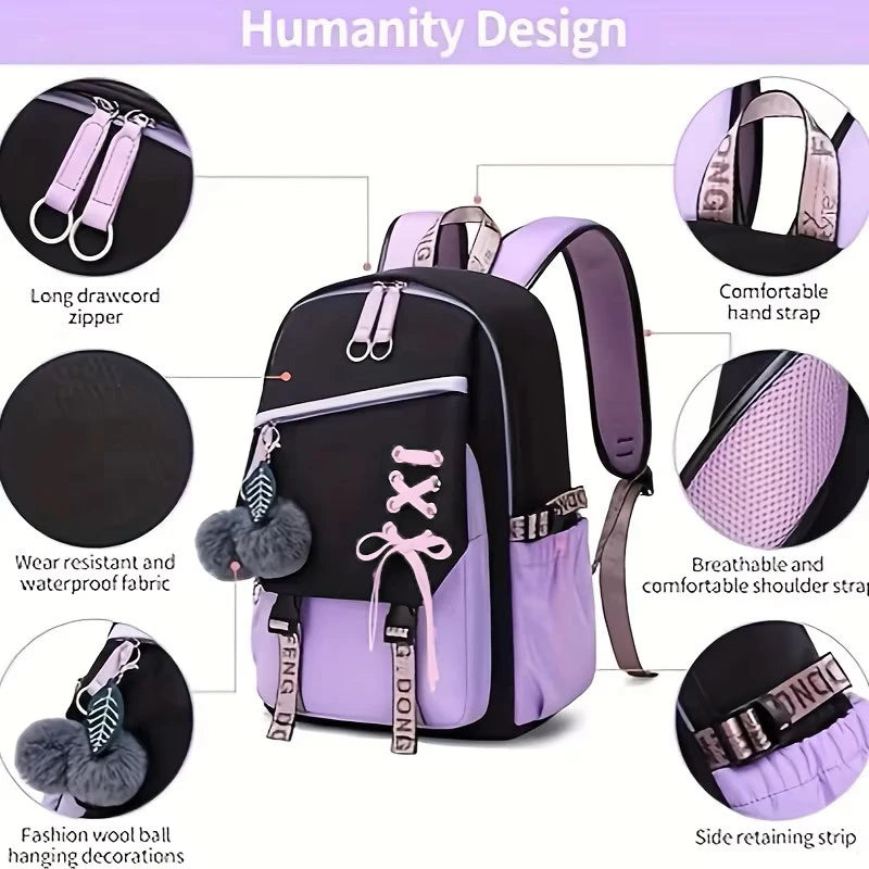 Large Capacity Schoolbag with Cute Plush Pendant Cute Girls Backpack Waterproof Nylon Fabric Bookbag for Kids Teens Students