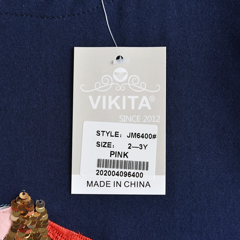 VIKITA Girls Summer Short Sleeve Straight Vestidos Kids Navy Blue Cotton Casual School Daily Licorne Sequined Appliqued Dresses