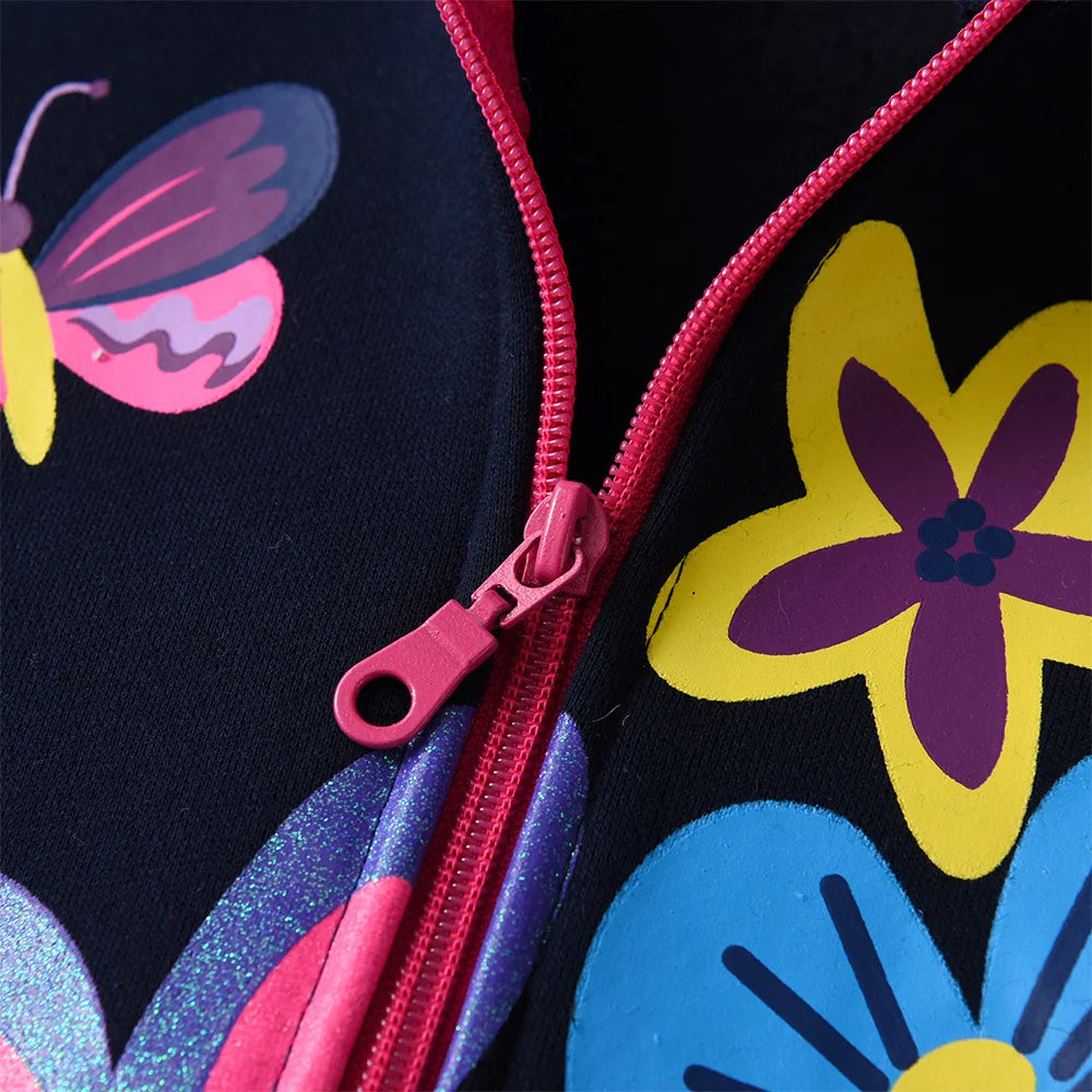 VIKITA Girls Autumn Winter Jacket Children Hooded Coats Girls Floral Print Zipper Outerwear Kids Cotton Casual Sports Jackets