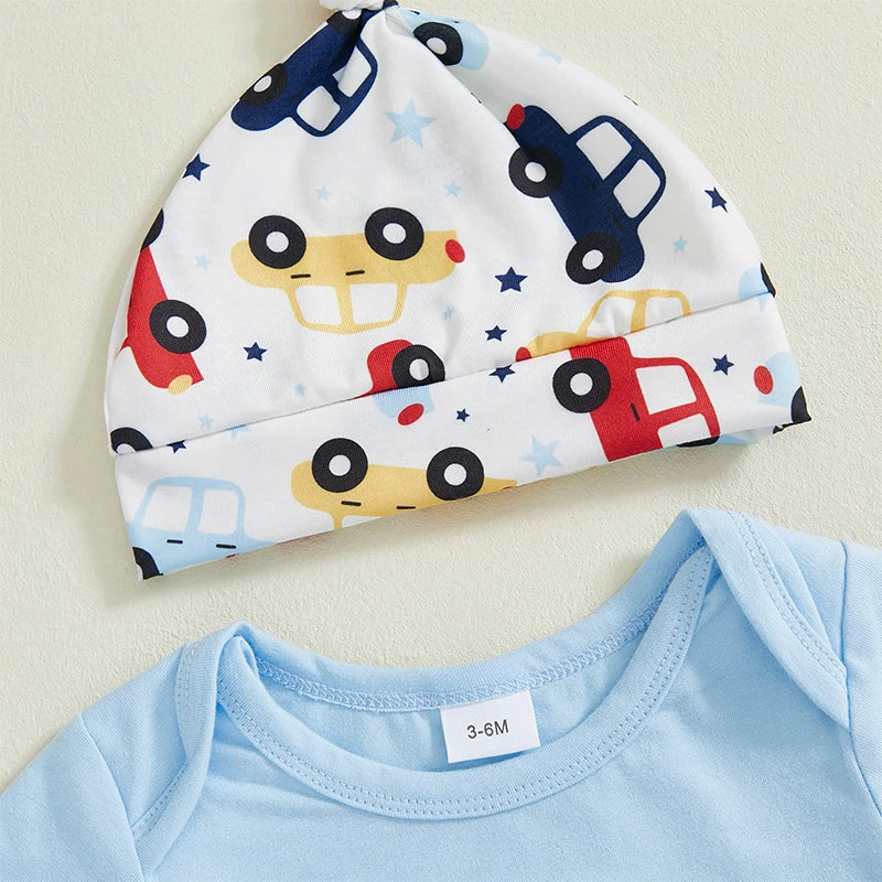 Toddler Boy Birthday Clothes Short Sleeve One Print Romper Car Pattern Long Pants Hat 3 Piece Outfit Set for Boys