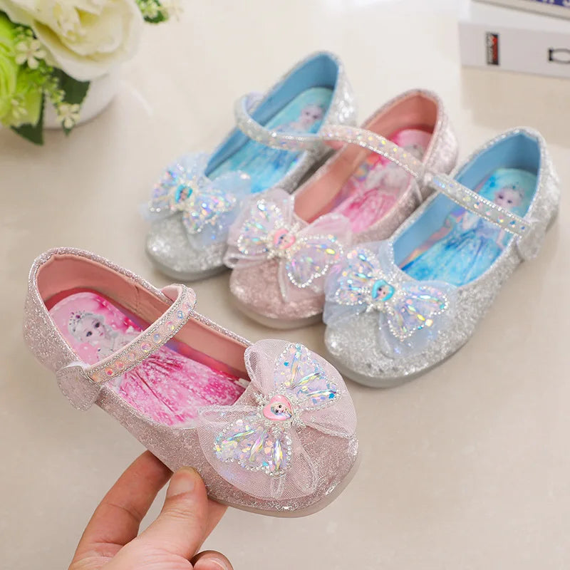Kids'Casual Shoes Elsa Princess Frozen PU Leather Crystal Bow Spring Shoes For Girls Anti-slip Pink Blue Shoes Size 26-36