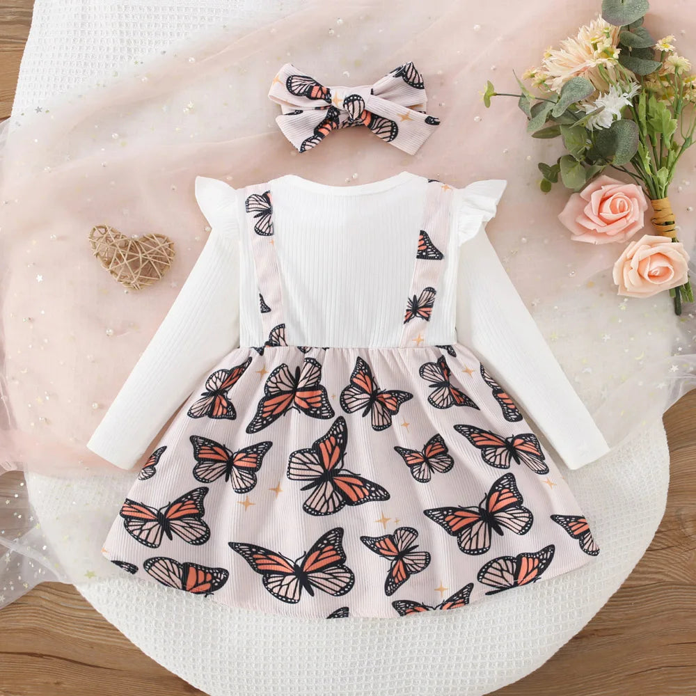Spring And Autumn New White Long Sleeve Baby Girl Dress, Cute Butterfly Children'S Clothing (6 Months -3 Years Old)