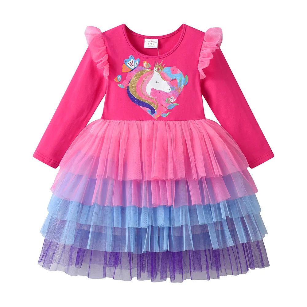 VIKITA New Girls Unicorn Pink Dress Kids Layered Mesh Tulle Tutu Princess Dresses Kids Prom Gown Long Sleeve Autumn Spring Dress