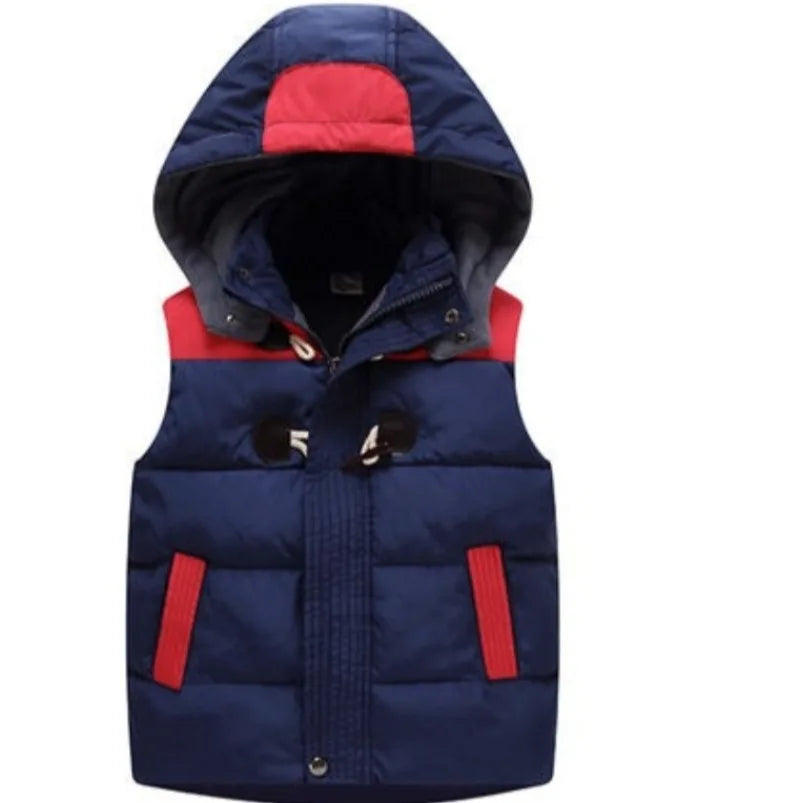 Kids' Autumn Winter Thickened Cotton Hooded Vest with Detachable Hood Soft Lambswool Lined Stand Collar Outerwear for Boys