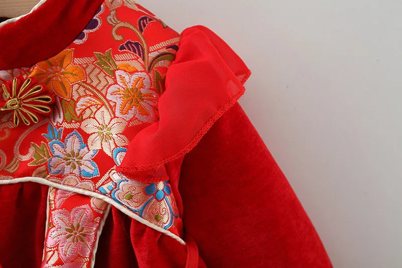 New Winter Embroidered Baby Girl Dress, Retro Style Children'S Clothing For Spring Festival Parties+Red Envelope Bag Giveaway