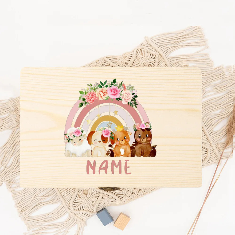 Personalised Forest Animal Rainbow Baby Memory Box Custom Wooden Box Newborn Shower Gift Baby Keepsake Box Umbilical Cord Box