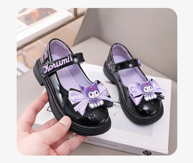 Kids'Sandals Kuromi PU Leather Bow Flat Spring Shoes For Girls Anti-slip Soft Thick Bottom White Black Shoes Size 26-36