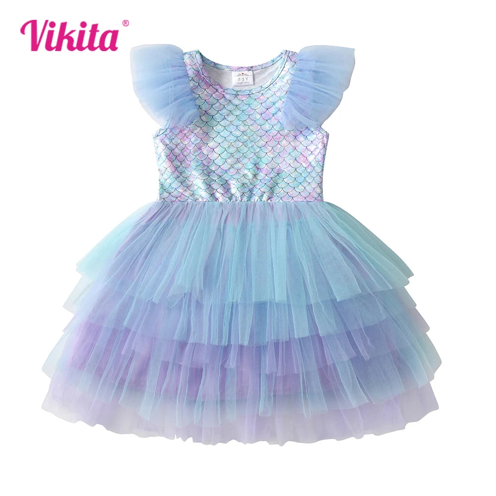 VIKITA Girls Flare Sleeve Summer Dress Kids Mermaid Print Birthday Party Travel Beach Princess Dresses Girls Mesh Tulle Dress