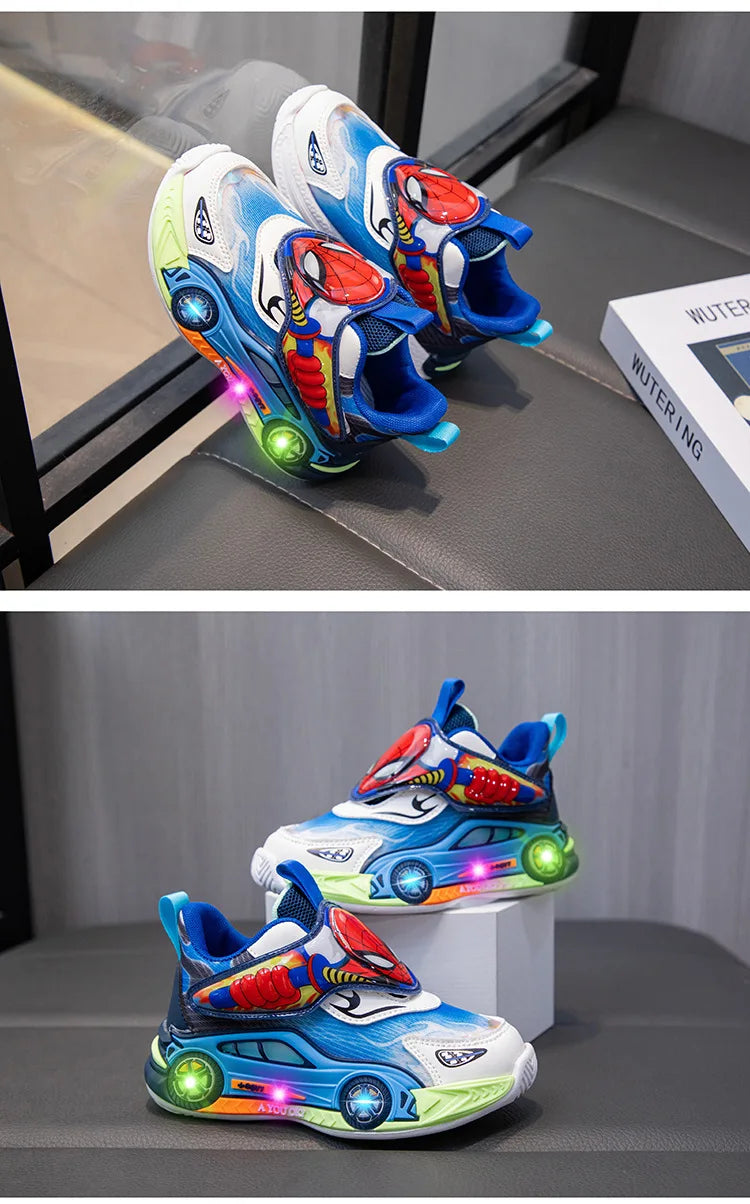 Disney Children's Shoes Fashion Cartoon LED Lights Spiderman Sneakers for Boys Breathable Sport  Anti-slip Student Shoes Size 26