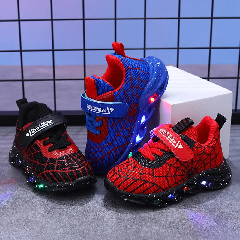 Disney LED Casual Sneakers Spider-Man Red Black For Spring Boys Mesh Outdoor Shoes Children Lighted Non-slip Shoes Size 21-30