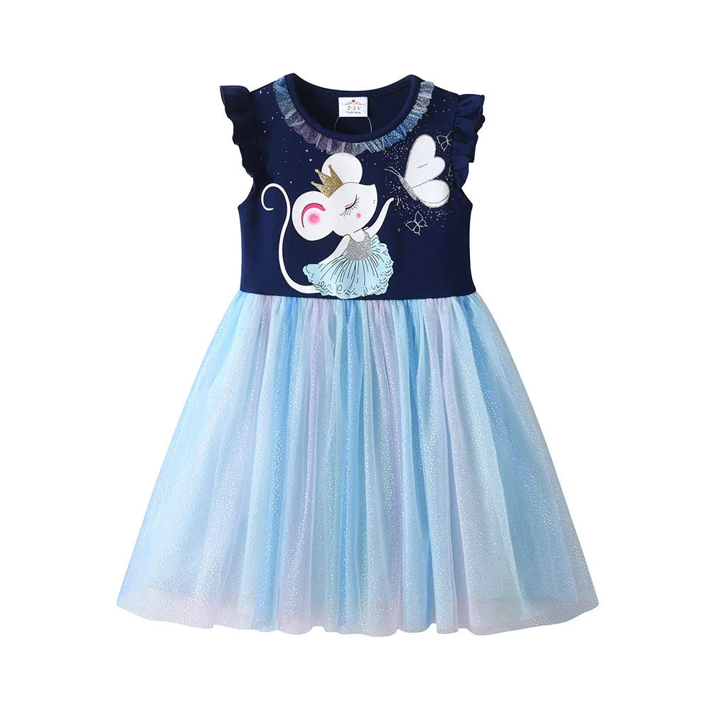 VIKITA Kids Patchwork Dress Cartoon Print Mesh Dress Girls Sparkly Glittery Summer Sleeveless Princess Birthday Party Prom Gown