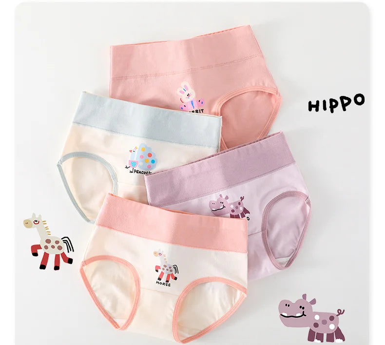 4PCS Girls High Waisted Panties Kids Cotton Antibacterial Knickers Cute Print Soft Comfort Underwears 3+y Young Children Clothes