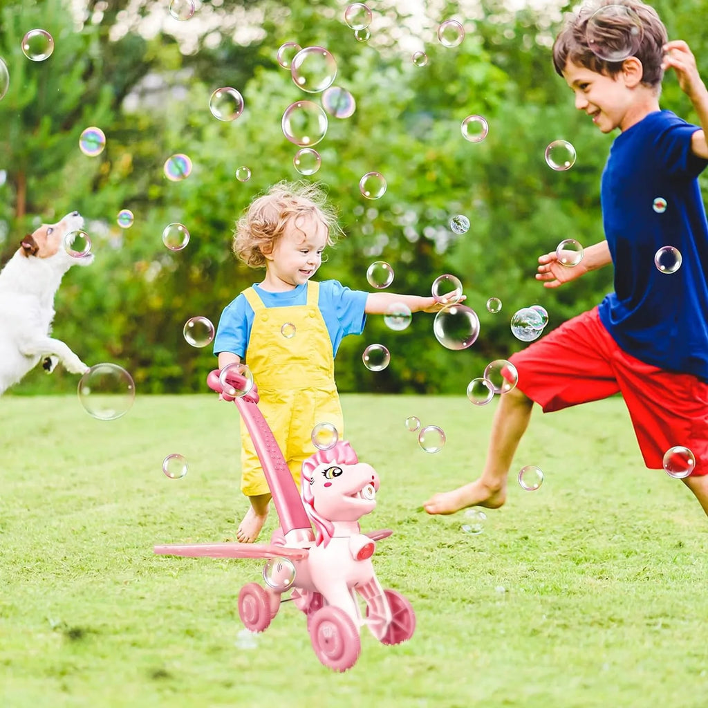 Pony Bubble Machine for Kids Automatic Bubble Lawn Mower with Light & Music Bubble Cart Outdoor Push Toys for Birthday Gift
