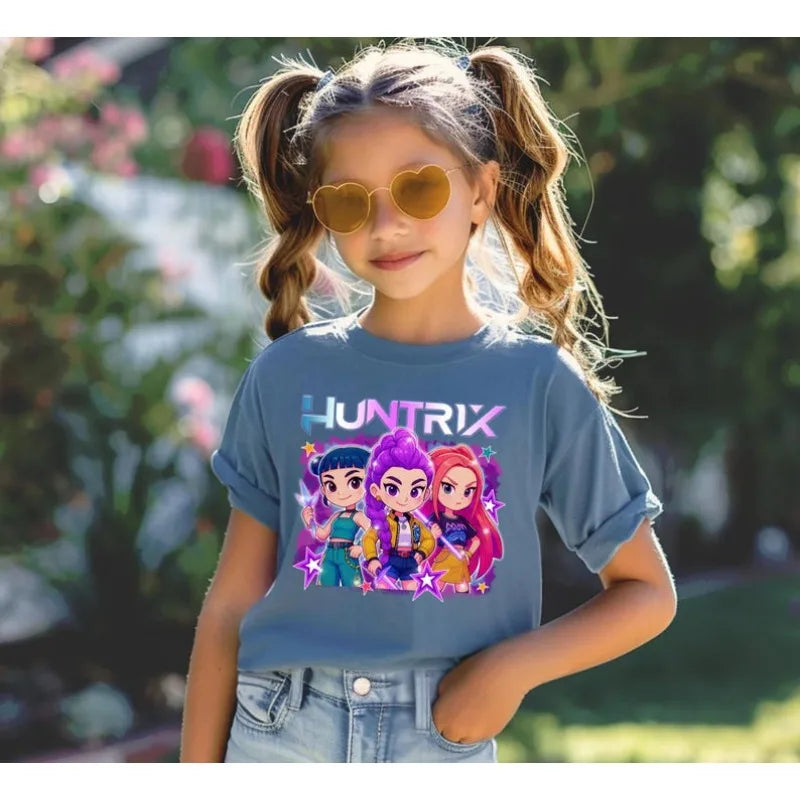 2025 Hot Huntrix Kpop Demon Hunters T-Shirt for Boys Girls Fans Gift Summer Crew Neck Short Sleeve Tees Fashion Kids T-shirt