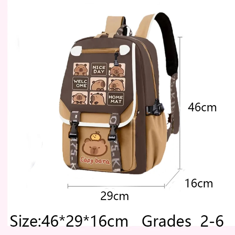 Kawaii Capybara Stylish Khaki Kid Backpack School Bag Casual Daypack Teens Boy Girl Shoulder Bag Children Schoolbag Backpack ﻿