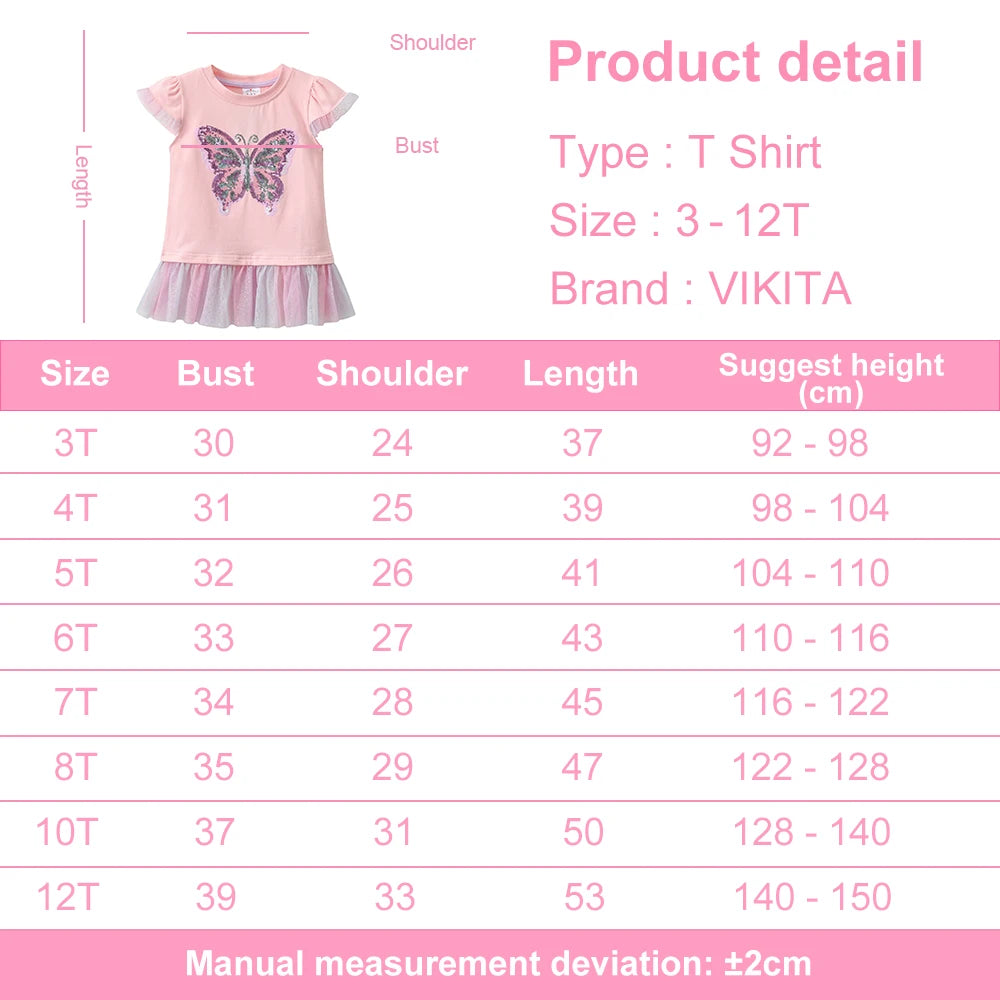 Girls Pink Flare Sleeve T Shirt Kids Sequined Colorful Butterfly Appliqued Ruffle Tees Kids Parties Casual Outings Cotton Tops