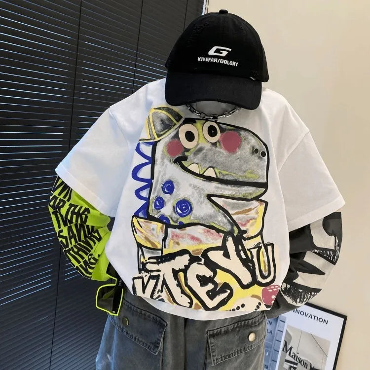 Fake Two Pieces Long Sleeve Cotton T-shirt Clothes for Boys Children's Tee Cartoon Fashion Clothing Korean Kids Boy 7 8 14 Years