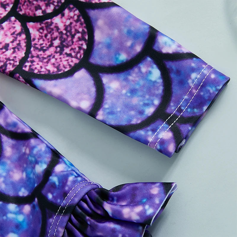 Mermaid Print  Swimsuit with Zipper Closure and Ruffled Mock Neck for Toddler Girls - UV Protection Rash Guard Bathing