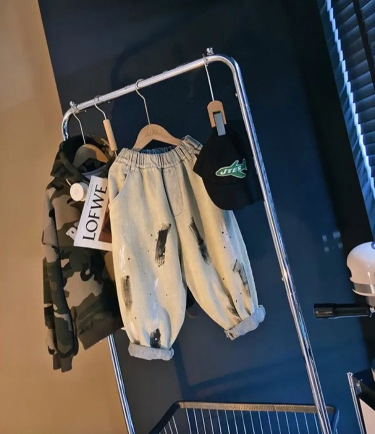 2025 Spring/Autumn Boys' Hip-Hop Long Pants, Kids' Size 12-14 Versatile Graffiti Casual Streetwear Trousers