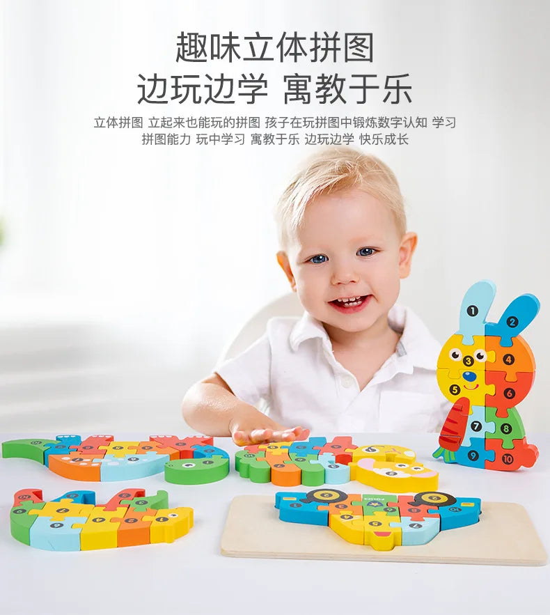 3D Stereoscopic Montessori Wooden Puzzle Cartoon Dinosaur Animal Shape Color Cognitive Educational Game Toy Kids Birthday Gift