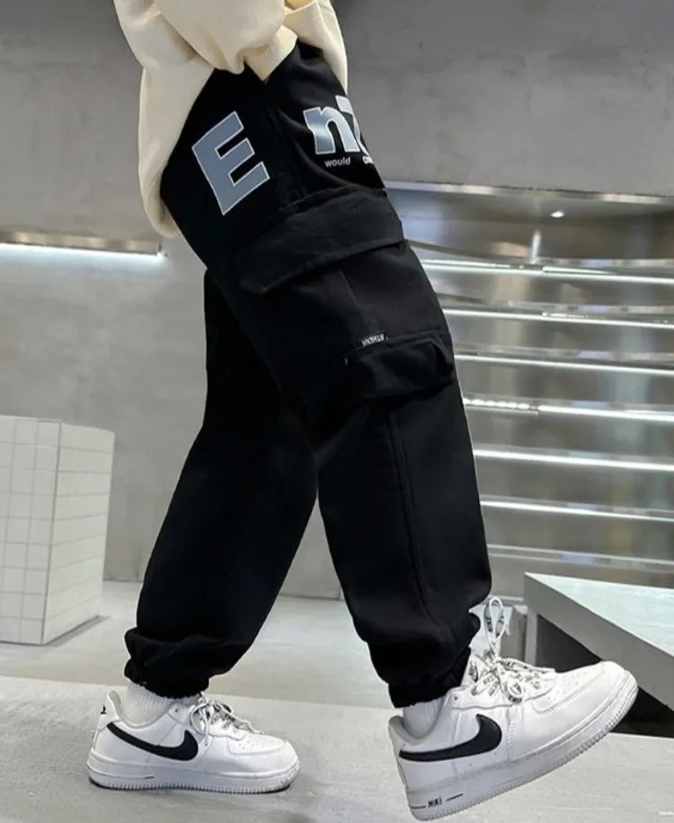 Boys Cargo Pants Spring Autumn Fleece-Lined Kids Casual Loose Long Pants Stylish Warmth Outdoor Playwear