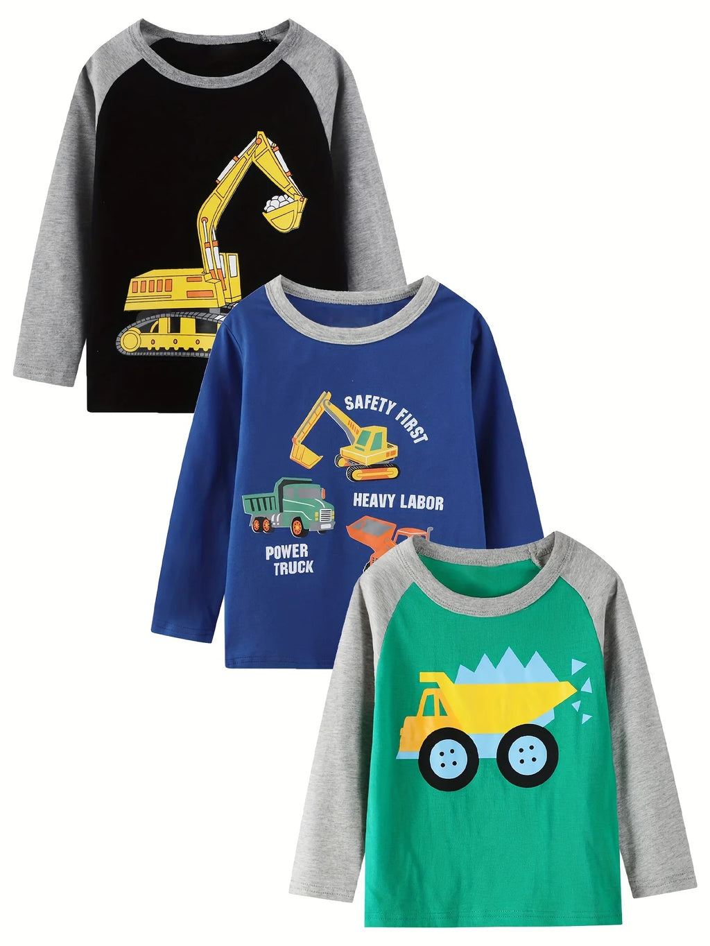 Three-piece set of boys' long-sleeved round-neck pure cotton T-shirts with cartoon car prints, suitable for outdoor leisure wear