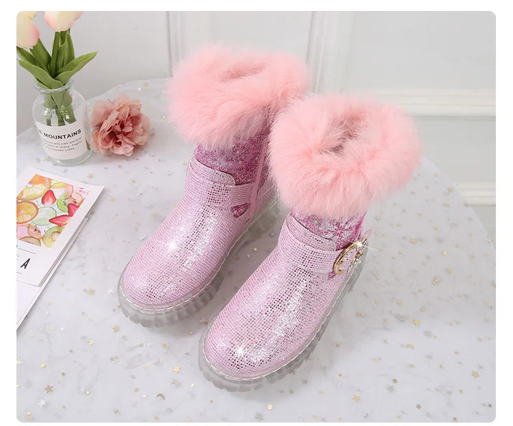 Disney Girls' Boots Winter Fashion Frozen Elsa Princess Boots Children's Short Girls' Cotton Fur Ankle Boots Girls' Pink Shoes