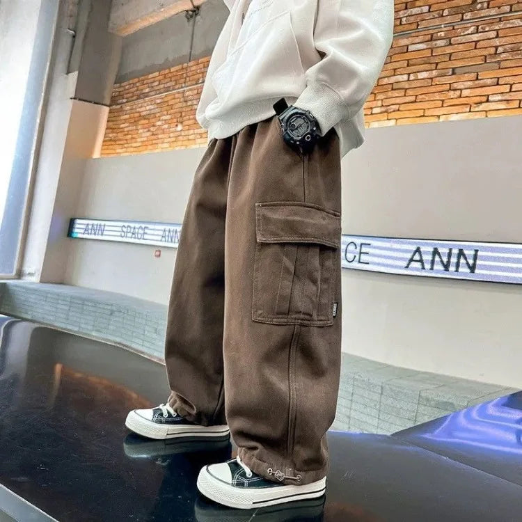 Boy's Loose Fit Tactical Cargo Pants 2025 Spring Autumn Lightweight Breathable Casual Wear with Multi-Pockets