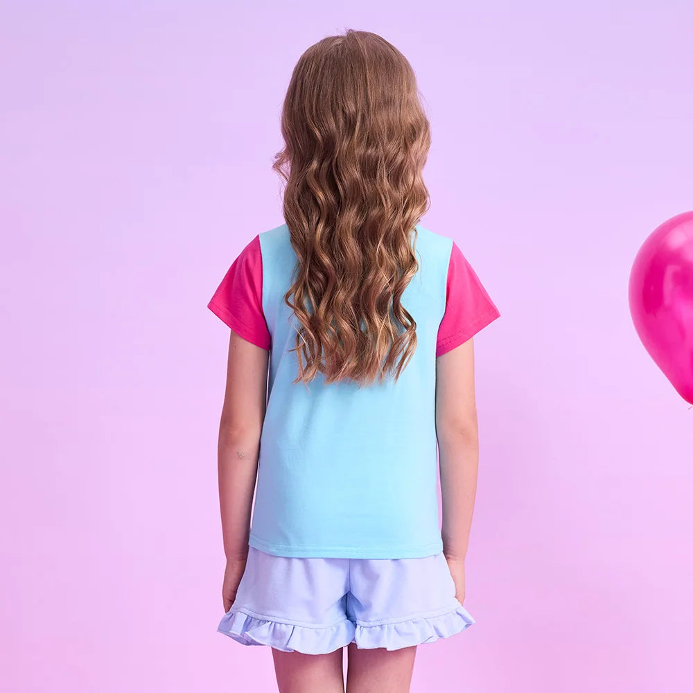 VIKITA Girls Doll Print Cartoon T Shirt Kids O Neck Cotton School Daily Tops and Tees Casual Wear Kids Summer Short Sleeve Tees