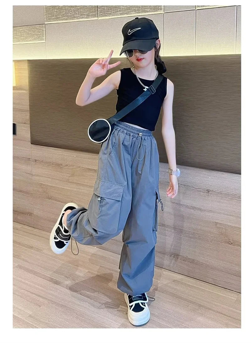 Girls' High Waist Straight Trousers Kids Fashion Hip Hop Joggers Cargo Pants Children Cool Spring Autumn Drawstring Sweatpants