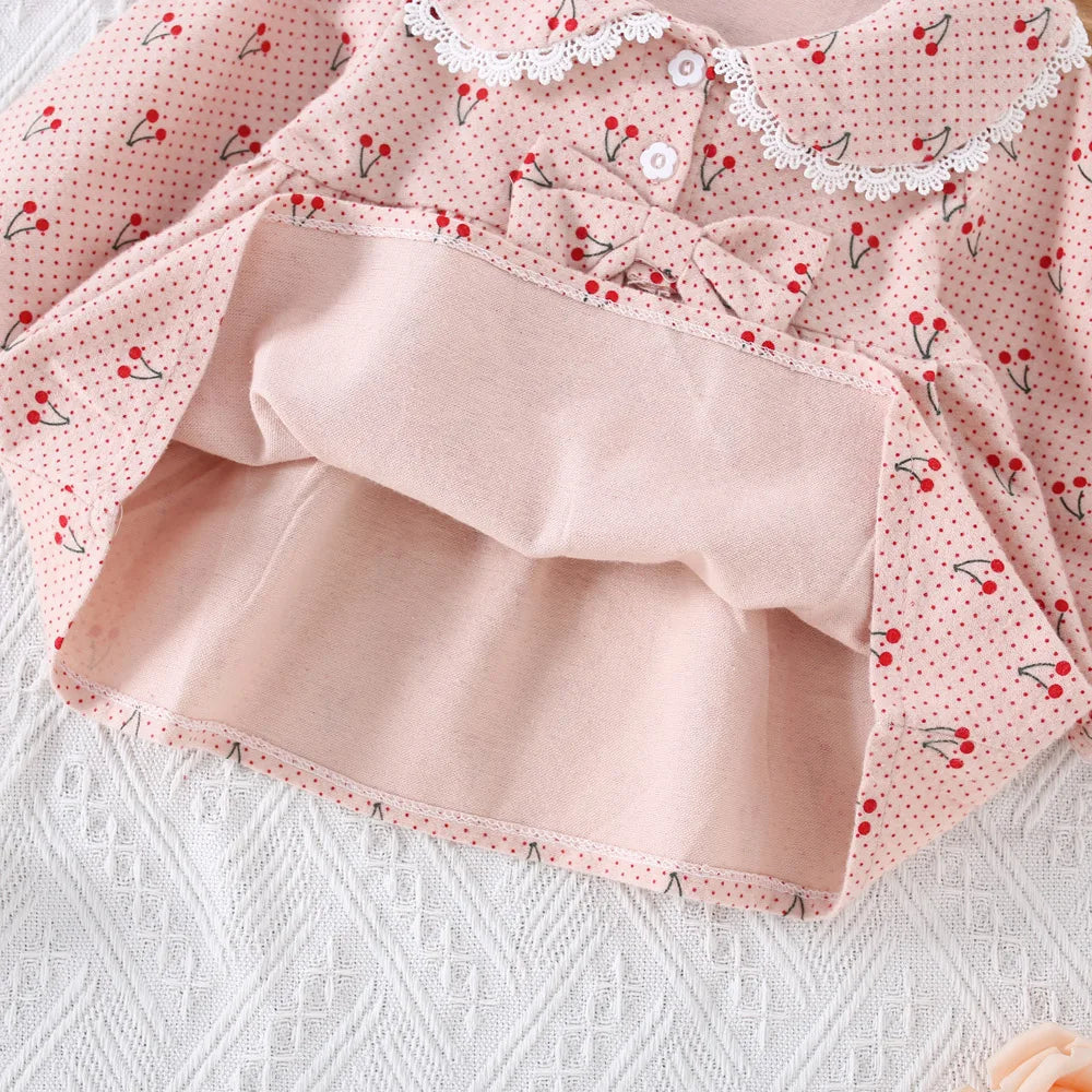 0-3 Year Old Baby Girl Dress, Spring And Autumn New Sweet Bow Cherry Long Sleeved Children'S Clothing