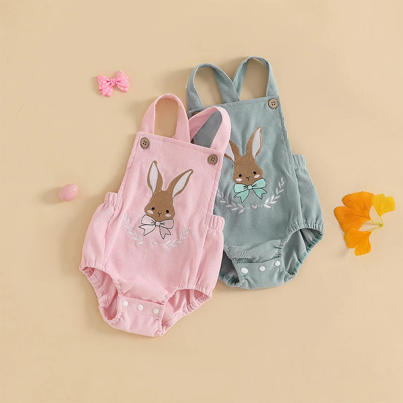 Infant Easter Jumpsuit with Sleeveless Design and Adorable Bunny Embroidery Cute Newborn Overall for Spring Celebrations