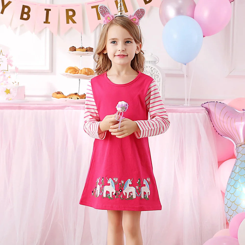 VIKITA Teenagers Straight Dress Kids Cotton Casual Daily School Vestidos Kids Fashion Cute Striped Unicorn Appliqued Pink Dress