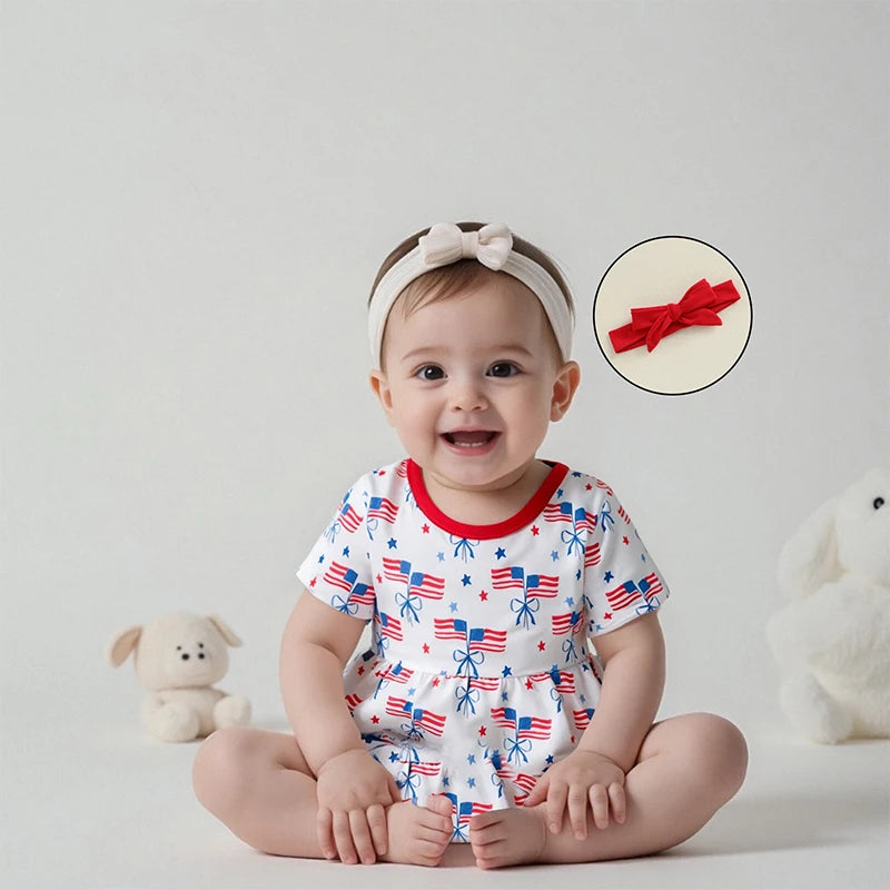 Infant Girls Patriotic Romper Dress with Bow Headband American Flag Print Short Sleeve Summer Outfit Jumpsuit for Independence