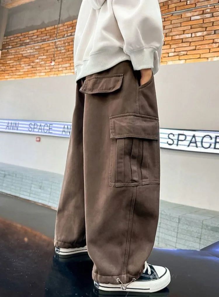 Boy's Loose Fit Tactical Cargo Pants 2025 Spring Autumn Lightweight Breathable Casual Wear with Multi-Pockets