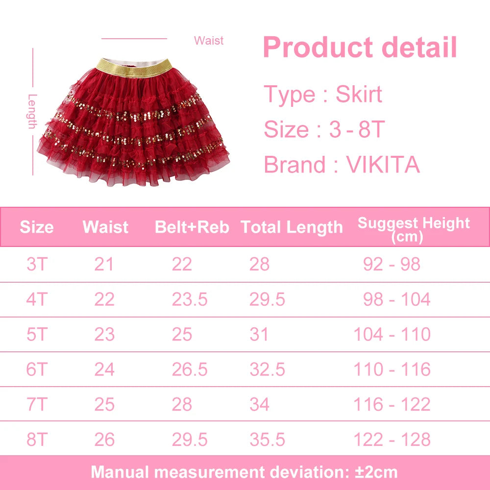 VIKITA Kids New Year Christmas Festival Red Sequined Skirts Girls Layered Mesh Tulle Tutu Cake Princess Mini Skirts Kids Clothes