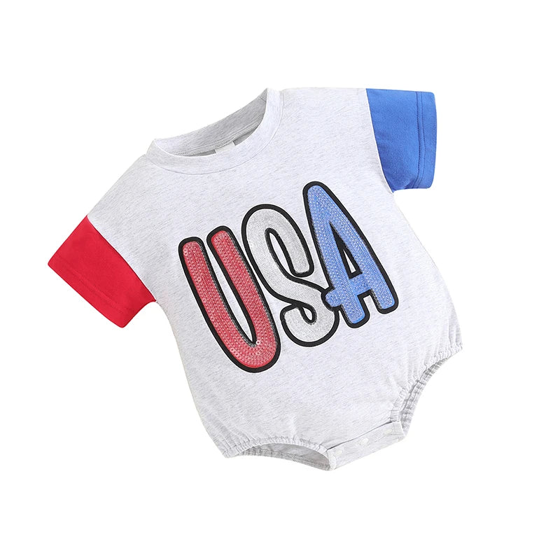 Infant Patriotic Romper American Flag Print Short Sleeve Jumpsuit for Baby Summer Outfit 4th of July Toddler Clothes Cute