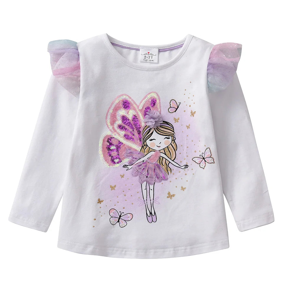 VIKITA Kinder Baumwoll-Freizeit-Tops und T-Shirts für Kleinkinder, Elfen-Cartoon, weißes T-Shirt mit ausgestellten Ärmeln, Herbst/Frühling, Größe 10-12 Jahre