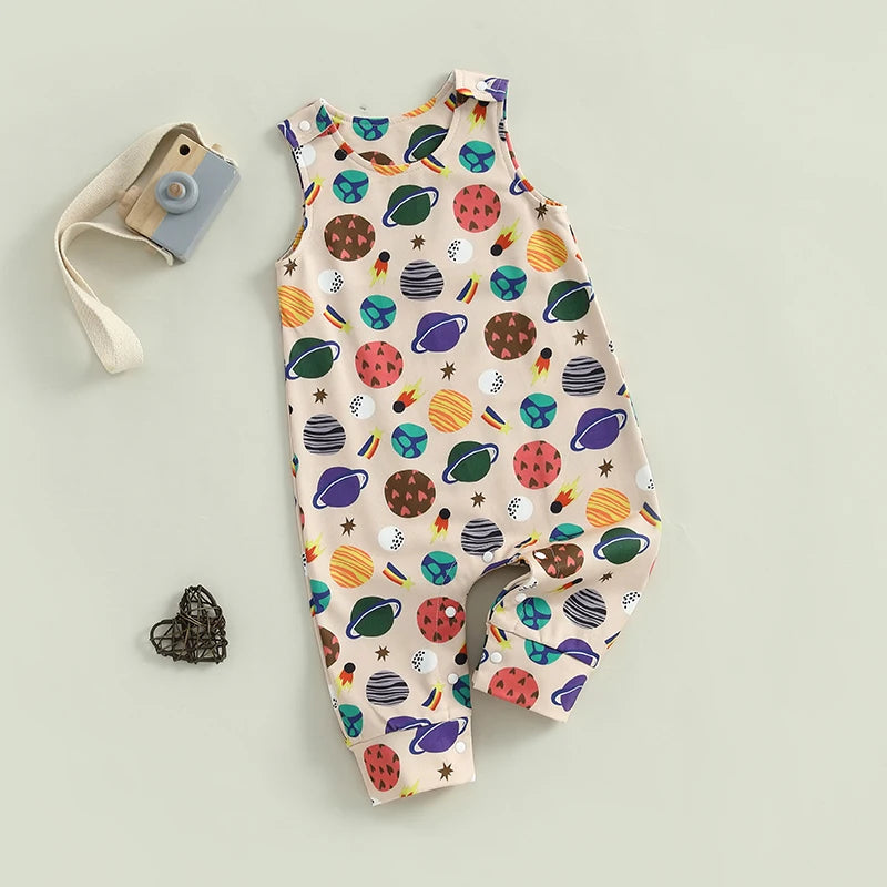 Infant Boy Romper Sleeveless Round Neck Printed Jumpsuit Toddler Playsuit Summer Outfit for Baby Boys