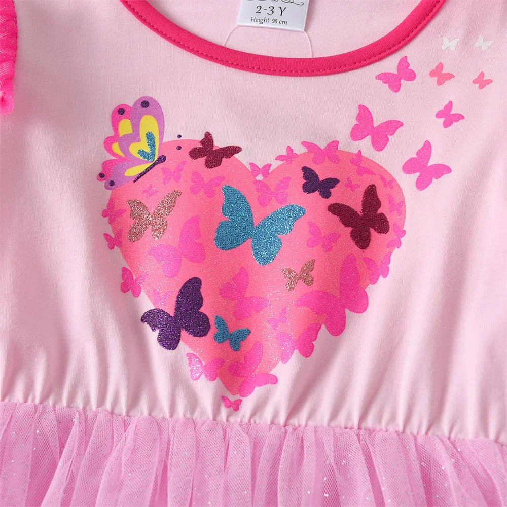 VIKITA Girls Heart Design Butterfly Print Dress Kids Pink Dresses Girls Autumn Spring Long Sleeve Mesh Tulle Layered Vestidos