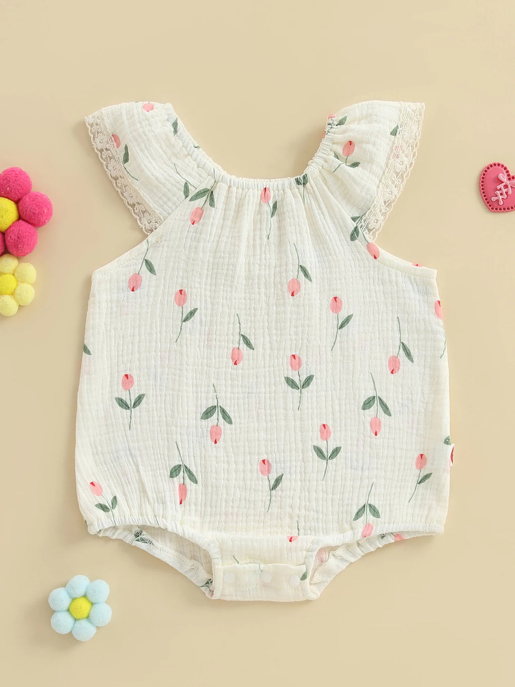 Toddler Girl Sleeveless Romper with Floral Print and Lace Detail Round Neck Jumpsuit for Summer Cute Bubble Bodysuit