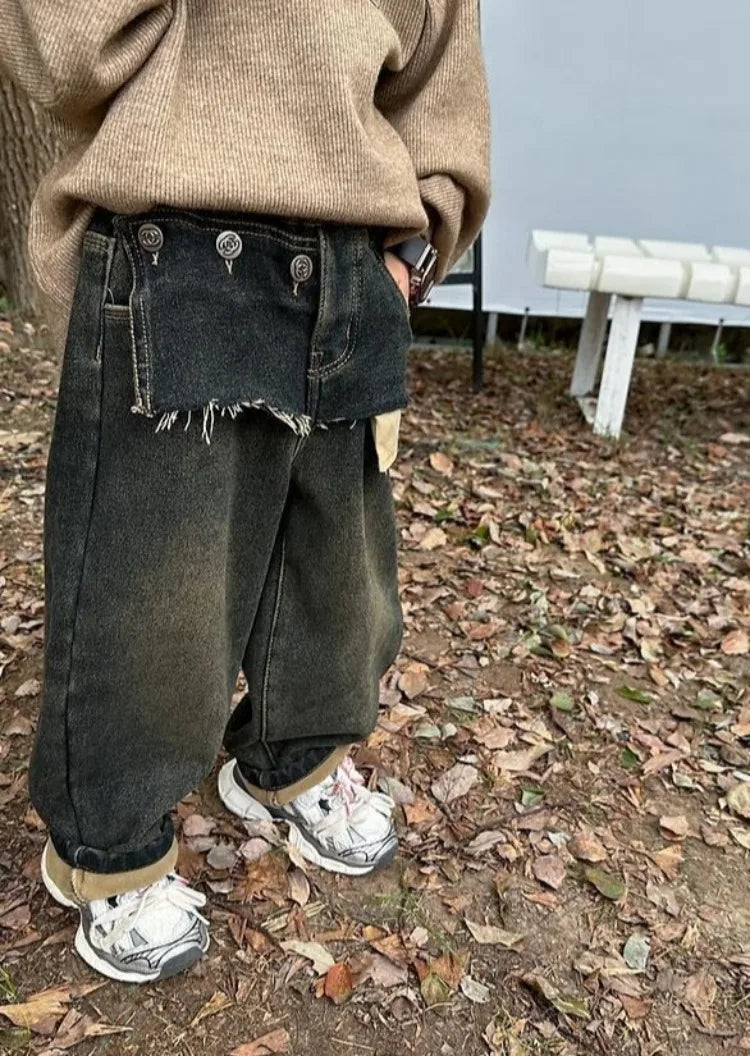 Boys' Autumn Winter Thermal Fleece-Lined Korean-style Patchwork Jeans - Thickened One-Piece Long Pants Spring Autumn New