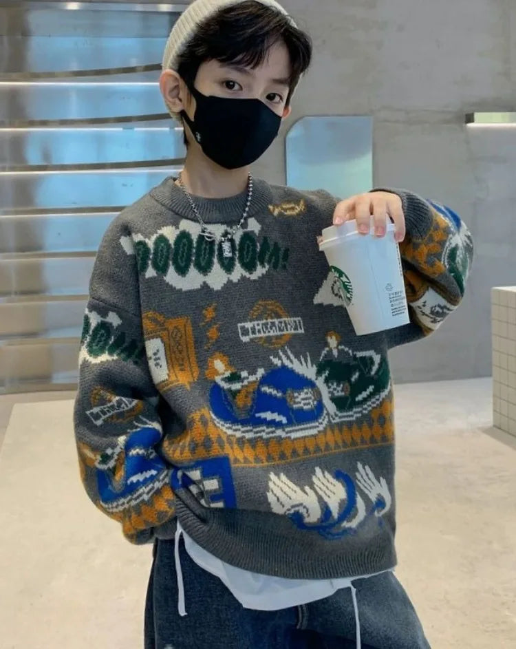 2025 New Boys' Autumn/Winter Fleece-Lined Thickened Pullover Knit Sweater - Warm Base Layer for Kids, Trendy & Cozy Design