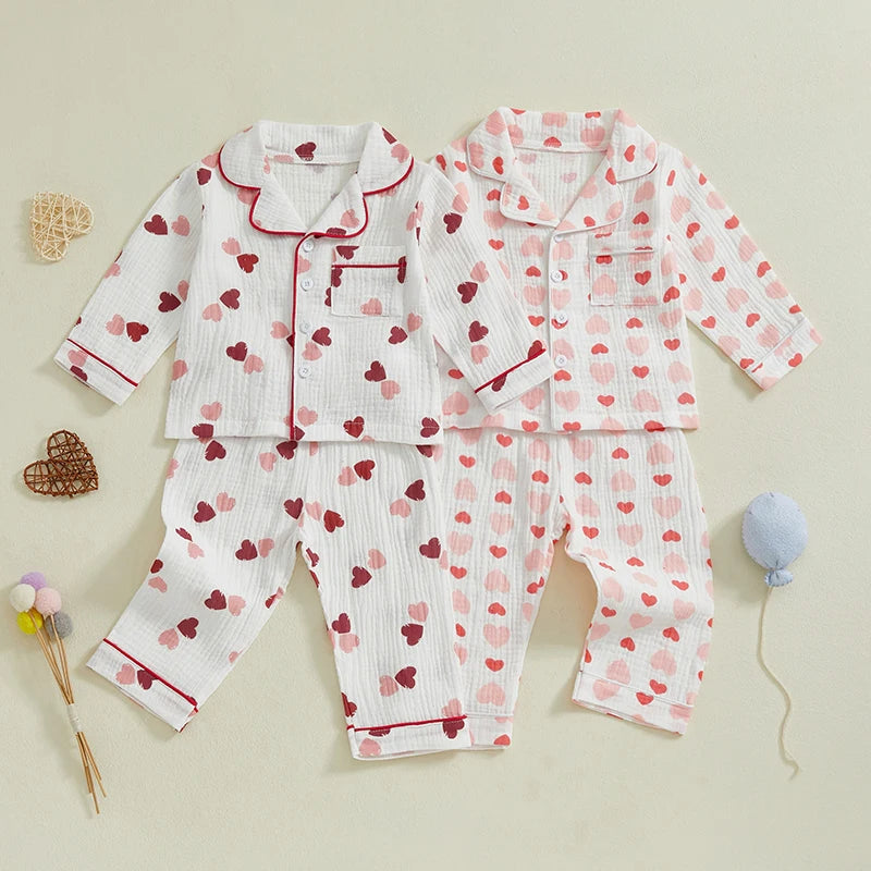 Girls Pajama Set Cute Heart Patterned Long Sleeve Top with Cozy Elastic Waist Pants for a Good Night s Sleep